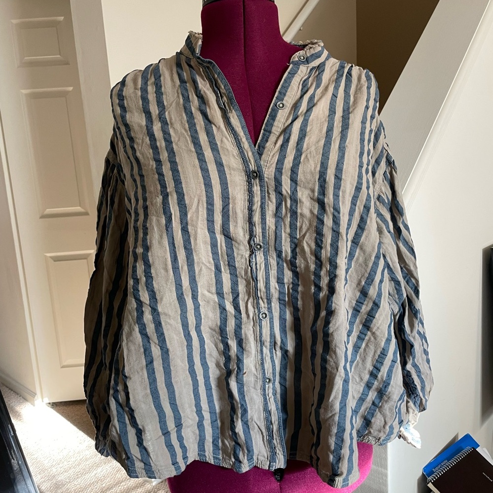 We The Free Beige and Navy Striped Shirt